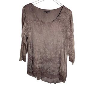 Tempo Paris Womens size Medium Asymmetric Hem dolman sleeve top taupe semi-sheer